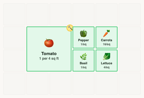A 2x4 raised bed laid out with square foot spacing: a tomato on a 2x2 block at the west end, pepper and carrots on the north row, basil and lettuce on the south row