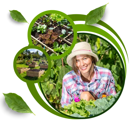 Square foot garden, raised beds and a gardener smiling in her vegetable garden