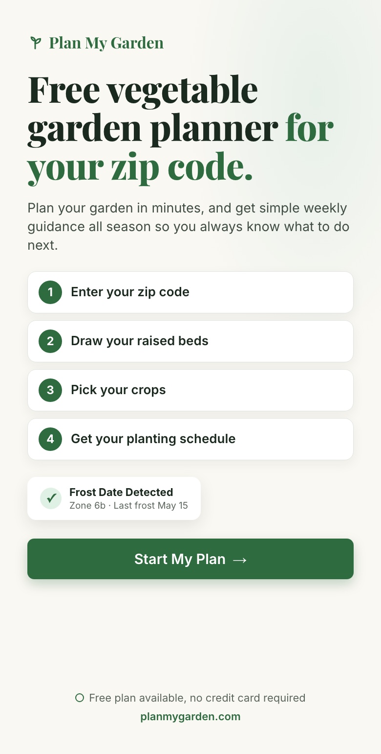 Plan My Garden: free vegetable garden planner for your zip code. Enter your zip code, draw your raised beds, pick your crops, and get a personalized planting schedule in minutes.