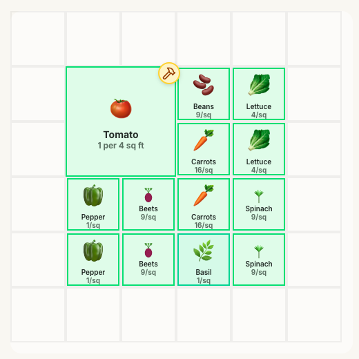 A 4x4 raised bed laid out in Plan My Garden with square foot spacing; each square shows the crop and how many plants fit.