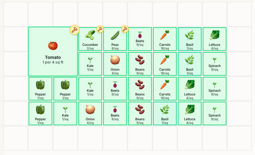 A 4x8 raised bed laid out in Plan My Garden with square foot spacing; each square shows the crop and how many plants fit.
