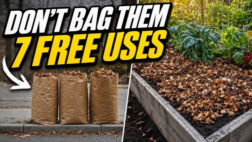 Paper bags of leaves at the curb next to a raised bed mulched with shredded fall leaves