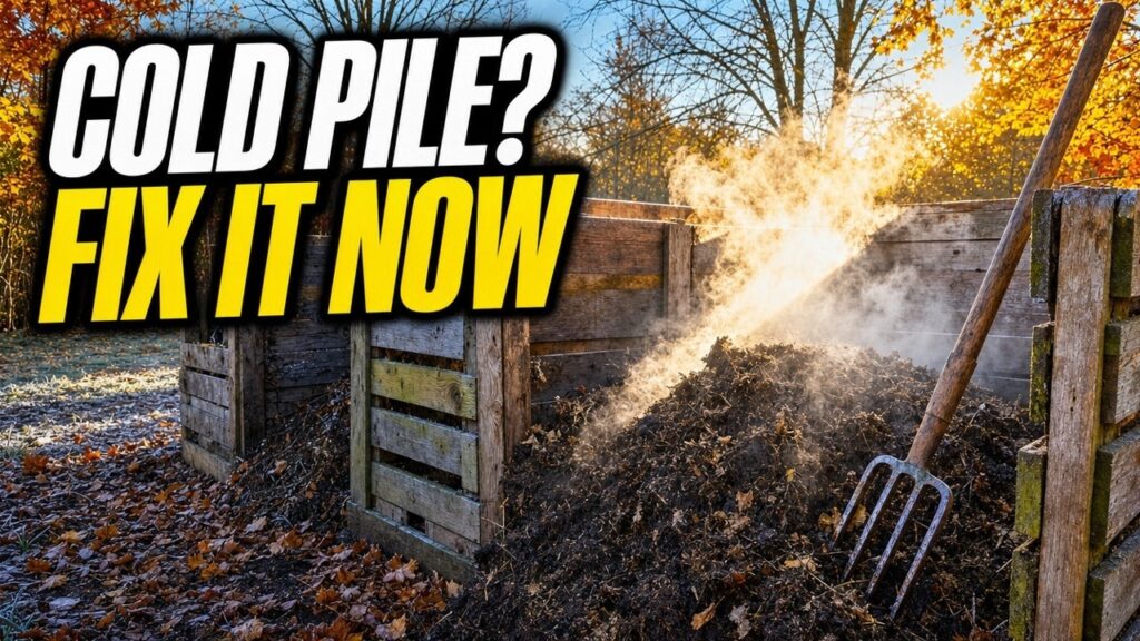 Steaming compost pile in wooden pallet bins with a pitchfork on a frosty fall morning
